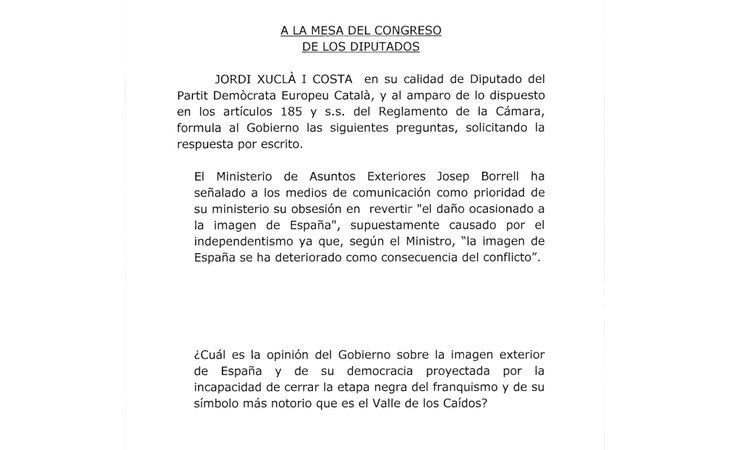 Escrito remitido al Gobierno por parte del diputado Jordi Xuclá