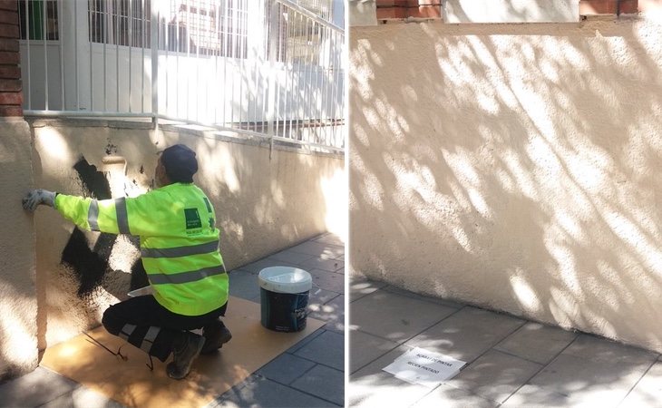 La fachada de la guardería antes y después de la limpieza (@PilarDiaz_)