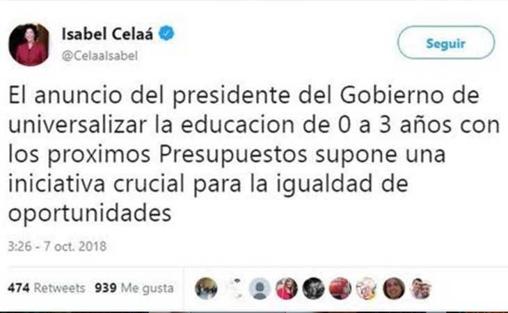 Un tweet con dos faltas de ortografía de la ministra de Educación