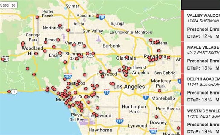 Mapa interactivo creado por 'The Hollywood Reporter'. Los puntos rojos marcan las los centros más afectados