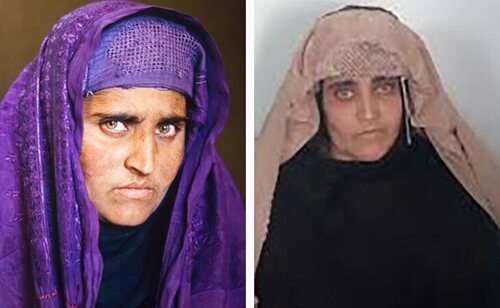 Sharbat Gula en el año 2002 y en el año 2016, cuando fue detenida