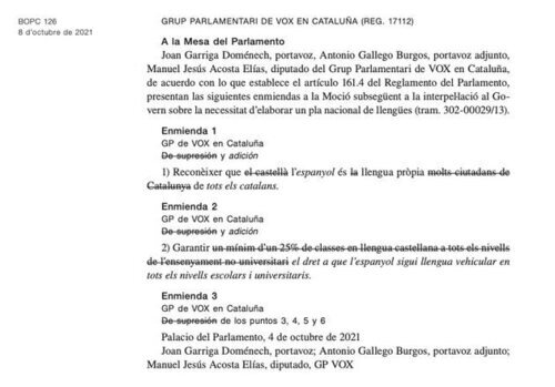 Enmiendas presentadas por Vox a la moción de Ciudadanos sobre el castellano en Cataluña