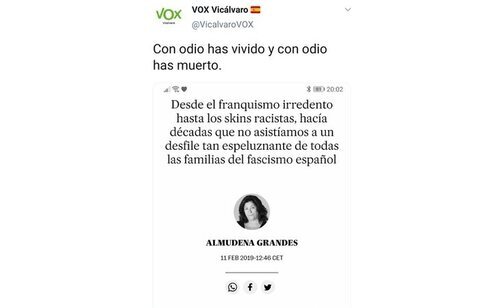 Captura del tuit de VOX Vicálvaro tras la muerte de Almudena Grandes