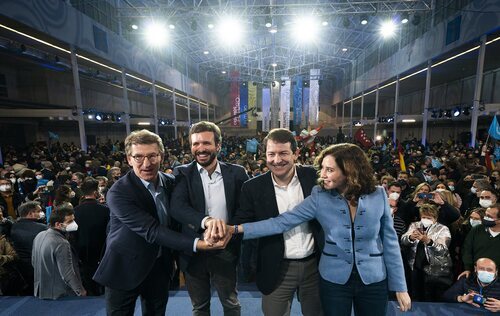 Alberto Núñez Feijóo, Pablo Casado, Alfonso Fernández Mañueco e Isabel Díaz Ayuso en la campaña de Castilla y León