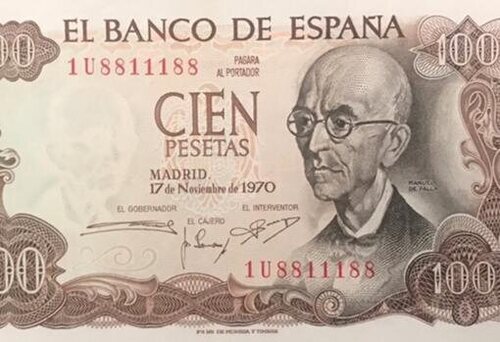 Billete de 100 pesetas con Manuel de Falla.