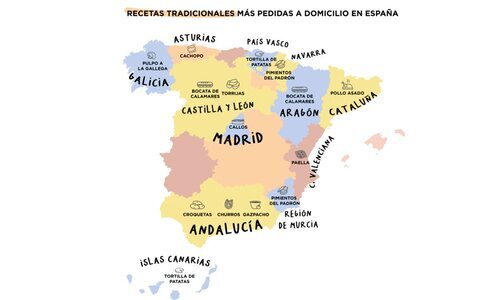 Mapa de recetas tradicionales más pedidas en España