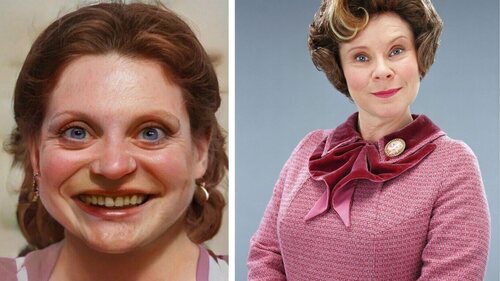 Dolores Umbridge in the books, played by Imelda Staunton in the movies