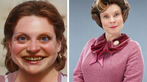 Dolores Umbridge en los libros, interpretada por Imelda Staunton en las películas