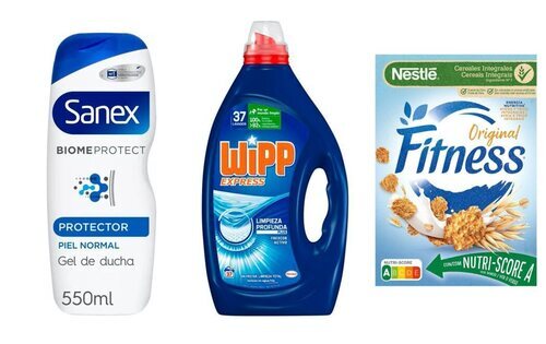 Gel Sanex Biome Protect, gel azul VIPP Express y cereales Nestlé Fitness