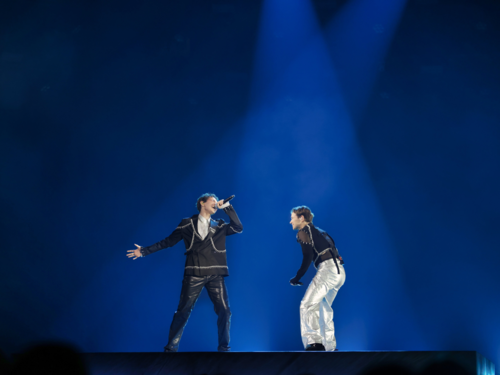 Marcus & Martinus, durante uno de los ensayos generales previos a la gran final de Melodifestivalen 2023.