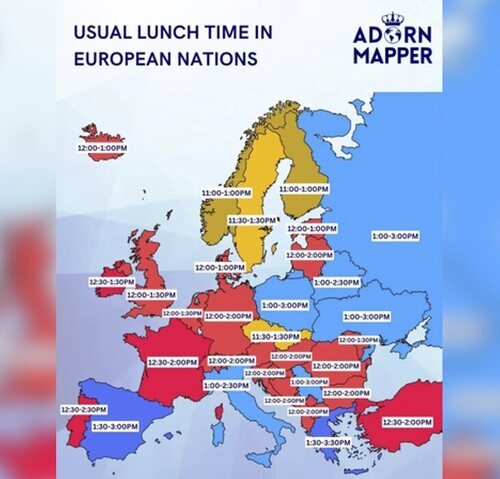 Mapa con las horas de comida en Europa