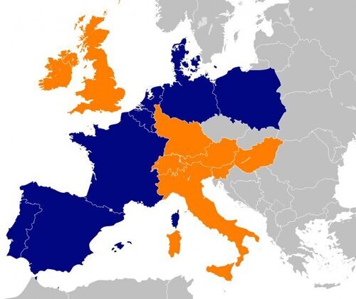 En azul, los países donde opera Aldi Nord y en naranja aquellos donde se encuentra Aldi Süd
