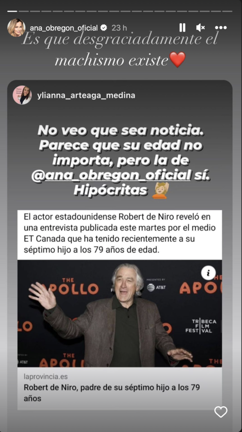 Storie de Ana Obregón en Instagram comentando la paternidad de Robert de Niro