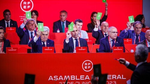 Los presidentes mostrando sus votos en la asamblea de la RFEF