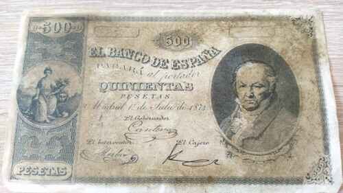 Billete de 1874, de 500 pesetas con el busto de Goya