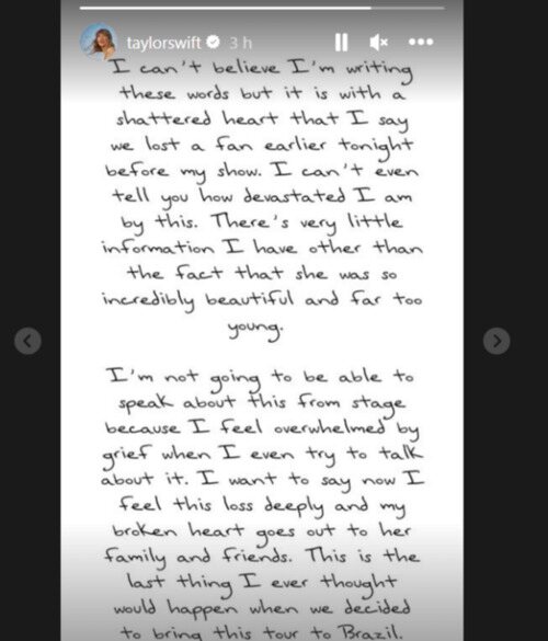 Mensaje de Taylor Swift tras la muerte de una fan en uno de sus conciertos