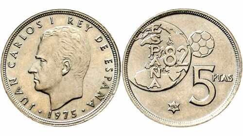 Moneda de 5 pesetas lanzada en 1982 por el Mundial de Fútbol, que cntiene un error