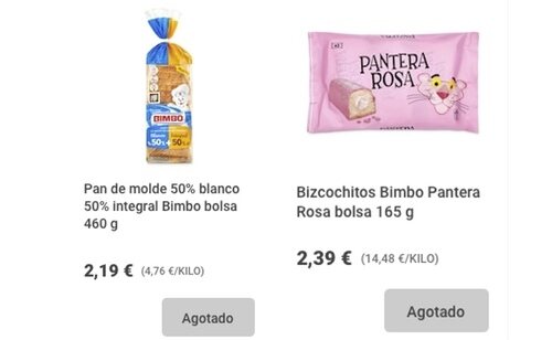 Los productos de Bimbo aparecen como agotados en la plataforma de venta online de DIA