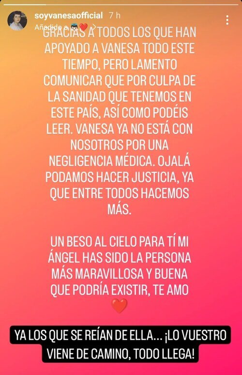 Mensaje en el Instagram de Vanesa Cuadra anunciando su muerte