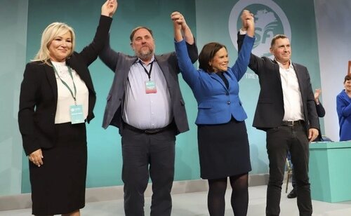 Otegi y Junqueras, durante un acto del Sinn Féin