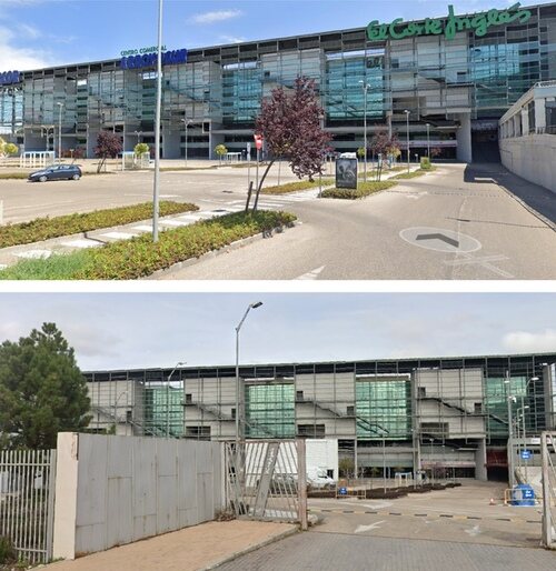 El Corte Inglés de Arroyosur cuando estaba abierto y en su estado actual
