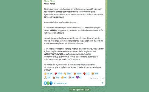 Mensaje de Alvise Pérez amenazando con el bloqueo del tráfico ferroviario