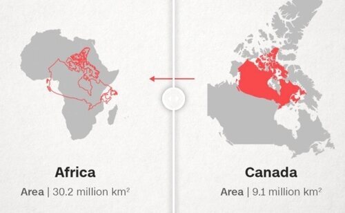 África en comparación con Canada, mapa Mercator