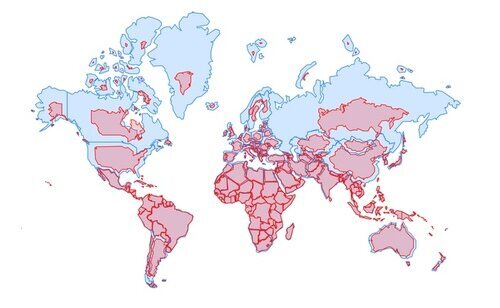 En rojo, la proporción propuesta para los países y en azul la recogida en el sistema Mercator