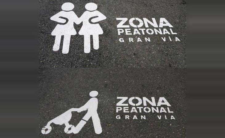 Carmena señaliza la zona peatonal de Gran Vía con figuras diversas e inclusivas
