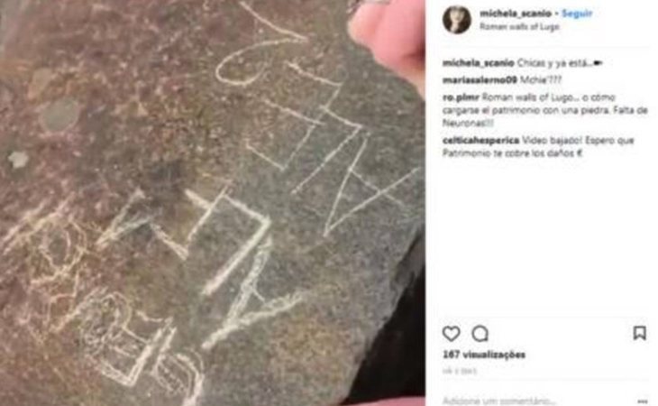 Una joven graba su nombre en la Muralla romana de Lugo y presume de ello en Instagram