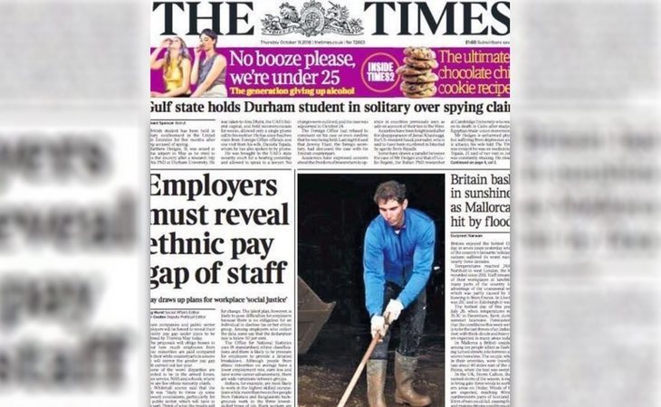 Rafa Nadal, portada de The Times ayudando en la catástrofe de Mallorca