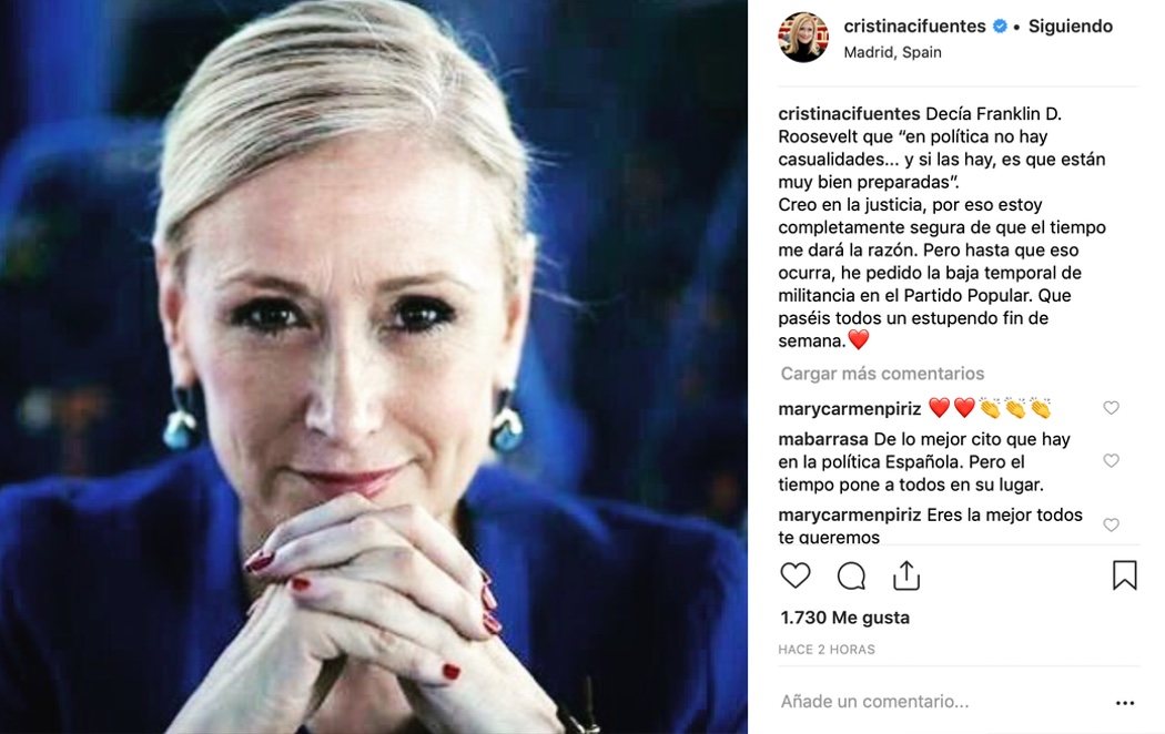 Cristina Cifuentes pide la baja temporal de militancia en el PP: "El tiempo me dará la razón"