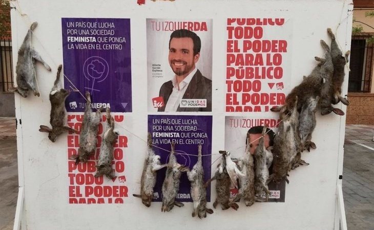 Cuelgan 16 conejos muertos en el cartel electoral de Alberto Garzón de un pueblo toledano
