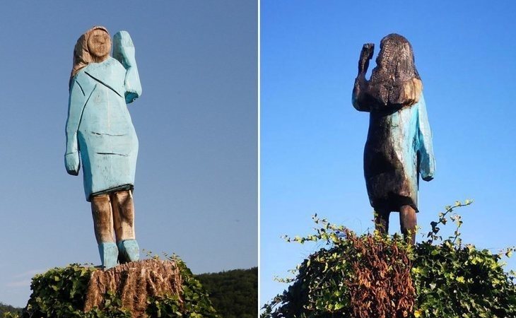 Queman la estatua de madera de Melania Trump en su pueblo natal de Eslovenia