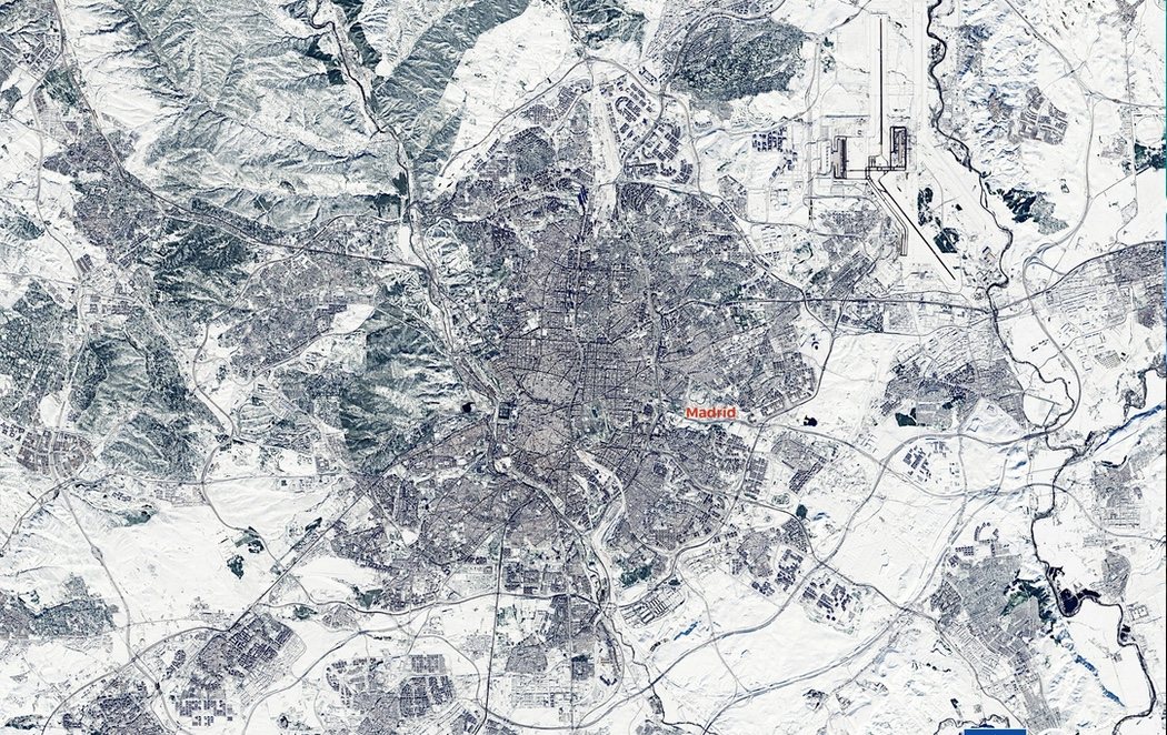 Madrid completamente sepultada por la nieve bajo los efectos de la borrasca Filomena, vista desde el espacio