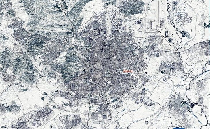 Madrid completamente sepultada por la nieve bajo los efectos de la borrasca Filomena, vista desde el espacio
