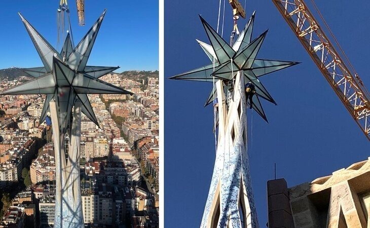 La Sagrada Familia corona la torre de María con una gran estrella luminosa