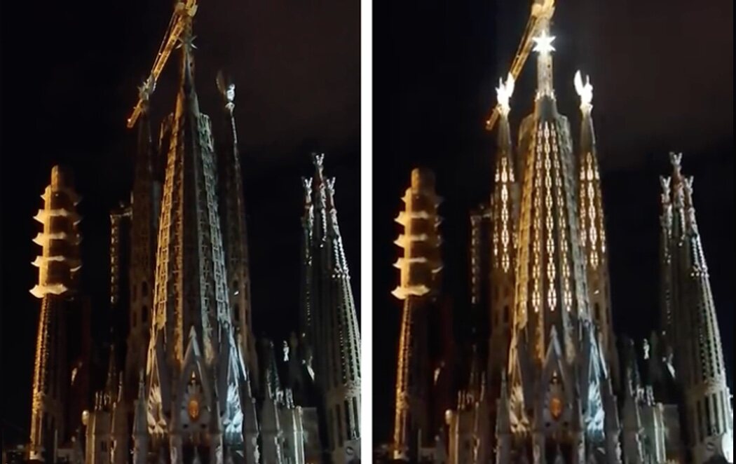 La Sagrada Familia ilumina las torres de los evangelistas Lucas y Marcos e inicia la cuenta atrás para acabarse en 4 años