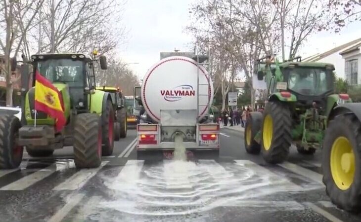 Los manifestantes del campo arrojan orina de ganado por las calles de Ciudad Real