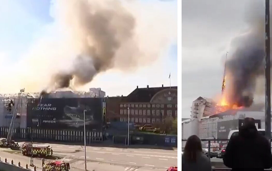 Un incendio devora la histórica Bolsa de Copenhague y provoca el derrumbe de la aguja de su torre