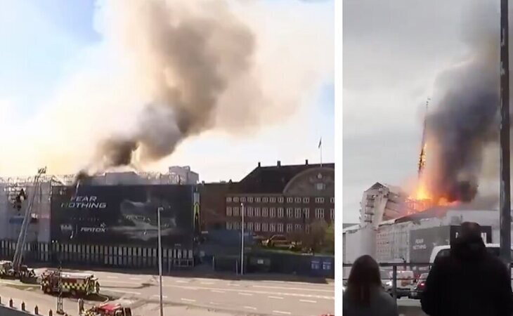 Un incendio devora la histórica Bolsa de Copenhague y provoca el derrumbe de la aguja de su torre