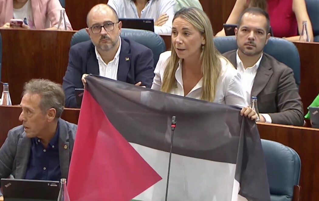El PSOE muestra una bandera palestina a Ayuso en la Asamblea: "Está en el lado incorrecto de la historia"