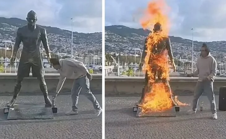 Un tiktoker prende fuego a la estatua de Cristiano Ronaldo en Madeira: "El último aviso de Dios